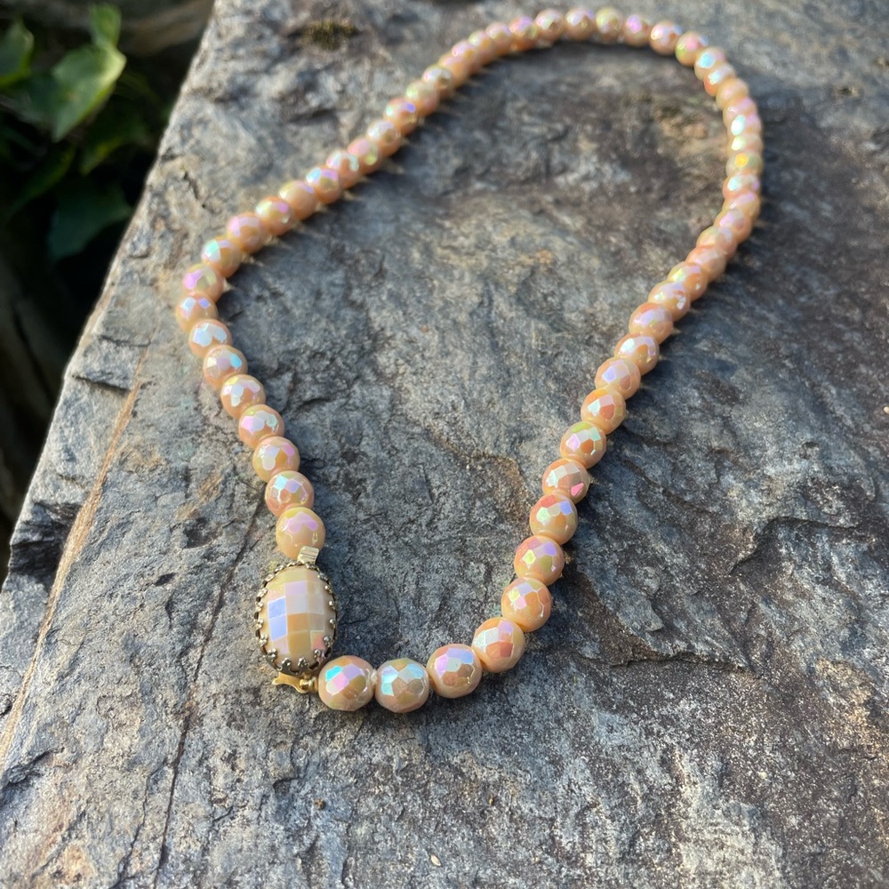 Vintage Iridescent Pink Glass Beaded Necklace
